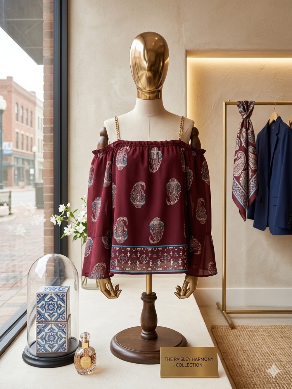 Dizzy Burgundy Off-Shoulder Paisley Tunic with Gold Chain Straps